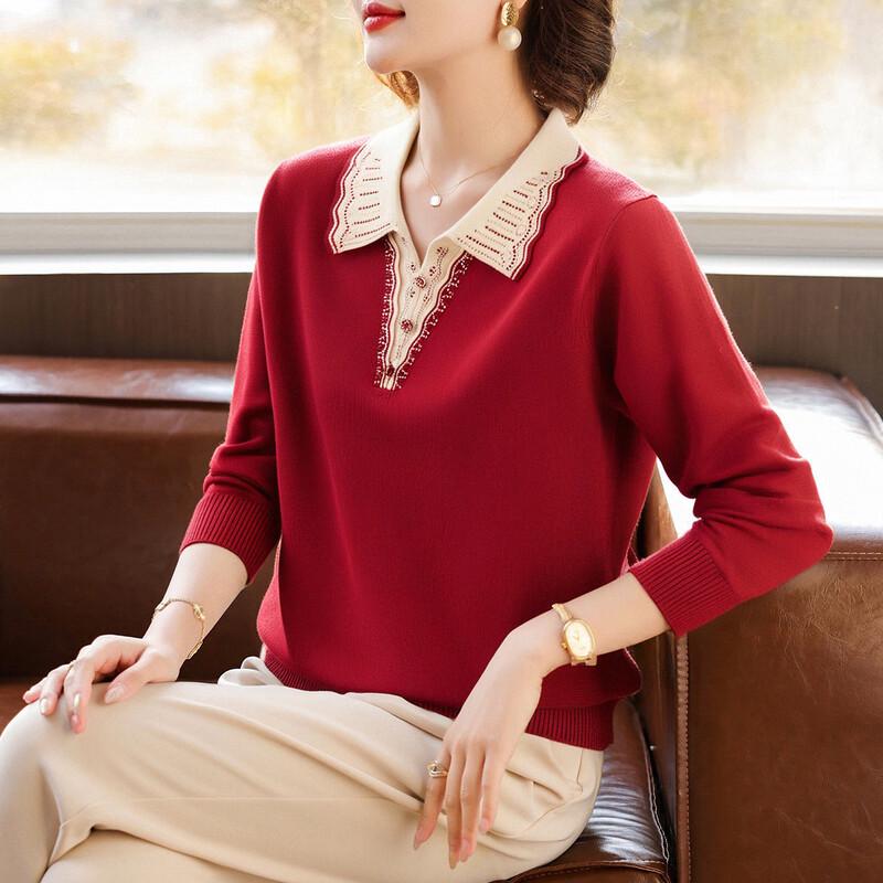 

QianLian Women s Knit Lapel Casual Top for Autumn/Winter 3XL