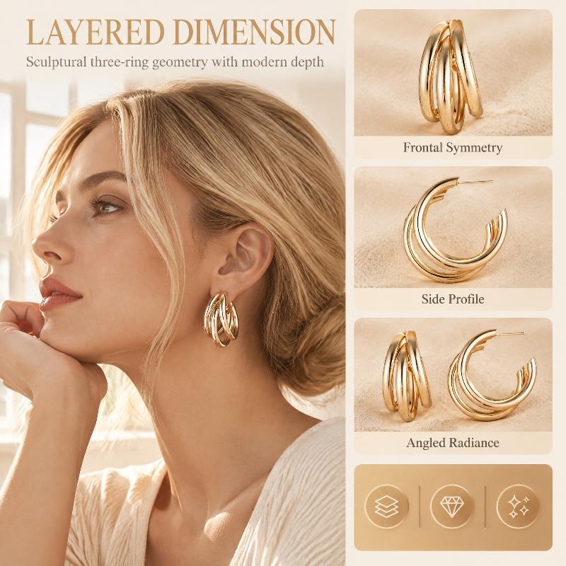 Gold Plated Triple Open Hoop Earrings Polished Shiny Surface Perfect For Daily Wear Office Party Travel