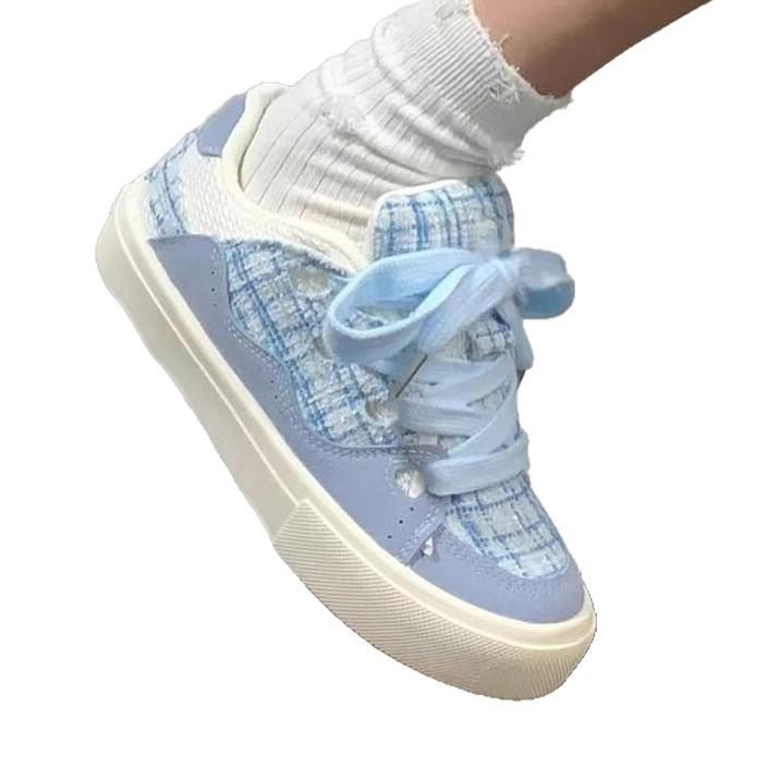 2025 New High-value Light Blue Bread Shoes Plaid Casual Wear-resistant Fashion Denim Blue Sports Running Board Shoes