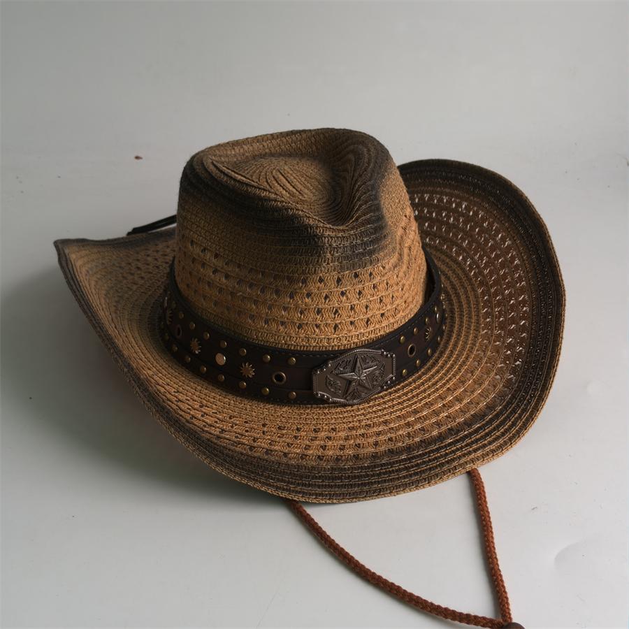 Western Cowboy Straw Hat For Men Women Vintage Outlaw Cowgirl Sun Sombrero Hat With Metal Star Emblem Band Beach Summer Caps