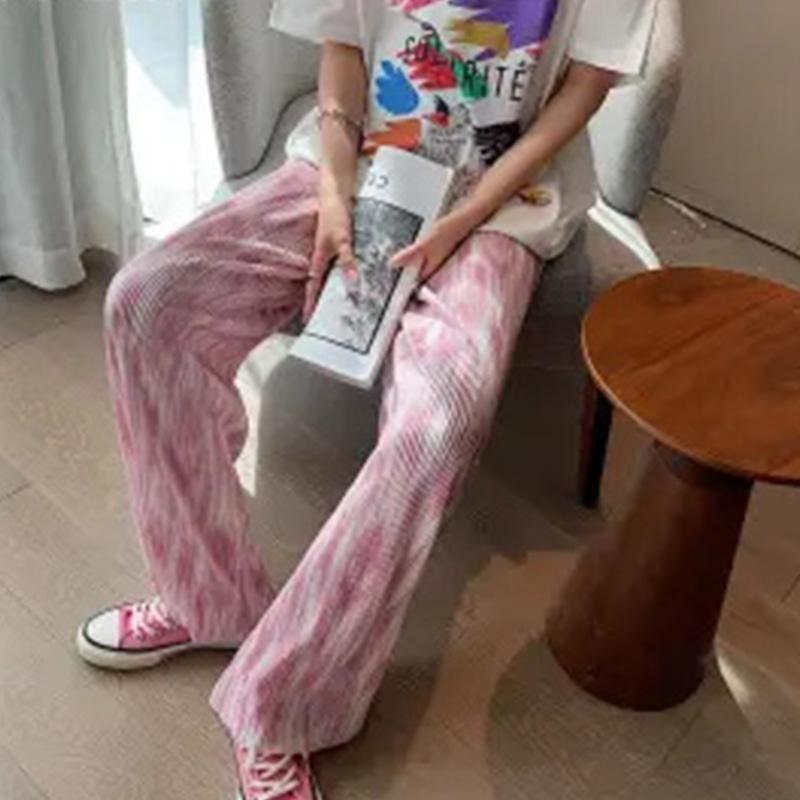Damen Eis Seide Batik Farbverlauf Weites Bein Hosen Personalisierte Mode Sommer Hohe Taille Grubenstreifen Locker Fallend Mop Hosen