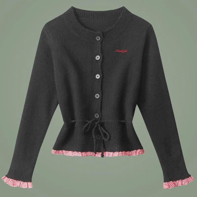 

Осень новый ретро тренд дизайн ремня на талии модный повседневный женский вязаный кардиган свитер average size чёрный