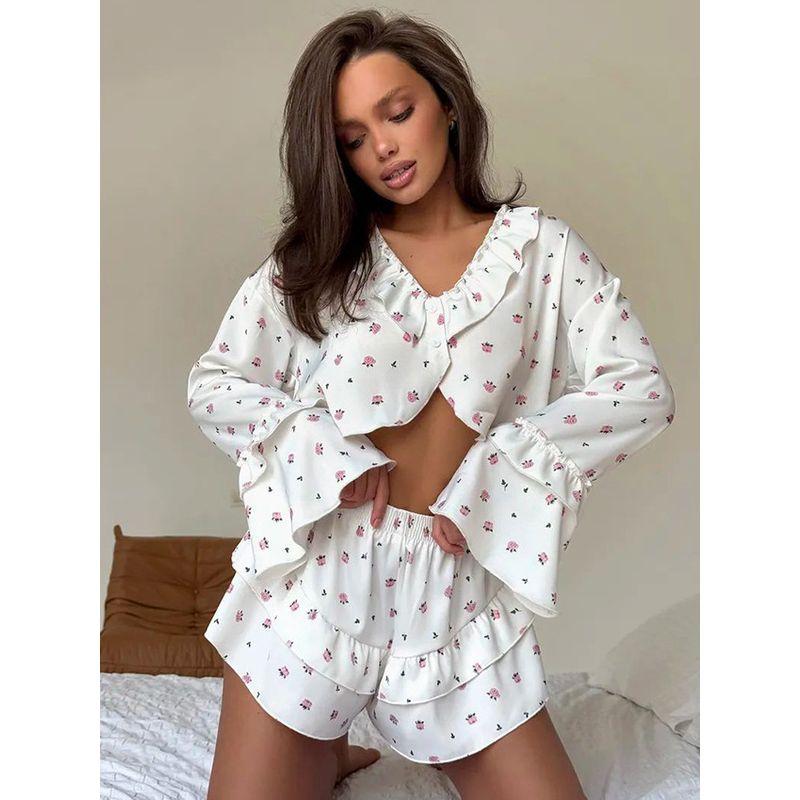 Shorts and Pajamas Set European and American Love Print Frill Breathable Long sleeve Shorts Pajamas Set