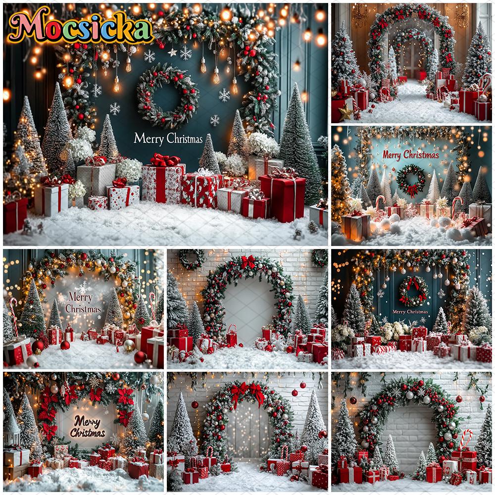 Mocsicka Merry Christmas Background Photography Shooting Props Xmas Tree Snow Gifts Decors Children Adult Family Party Backdrops