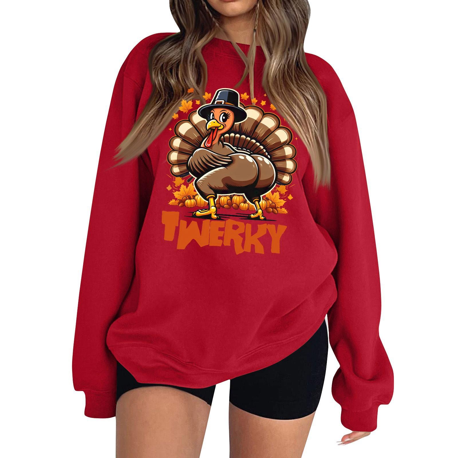 

Женская мода с длинным рукавом и круглым вырезом с принтом ко Дню благодарения, свитшот M красный