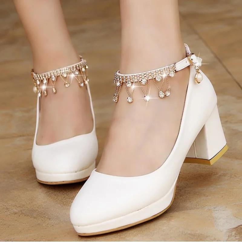 

FASHION White Women Wedding Shoes Crystal Preal Ankle Strap Bridal Shoes Woman Dress Shoe Pumps Sweet Party Shoes High Heels