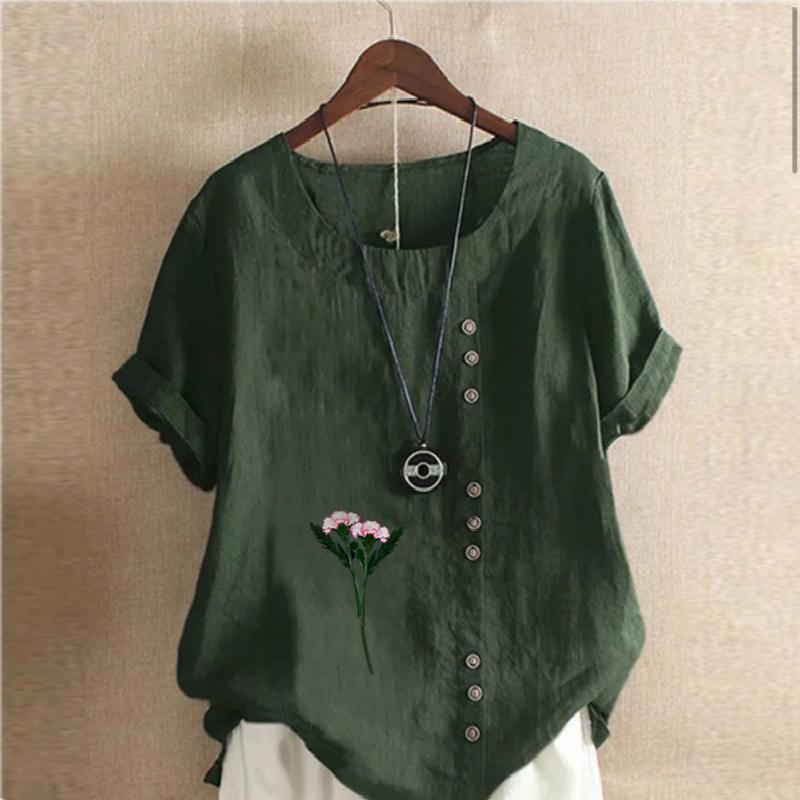Women's Fashion Flowers Prined Round Neck Short Sleeve T-shirt Casual Cotton Linen Graphic Shirt Leisure Loose Summer Blouse Tops