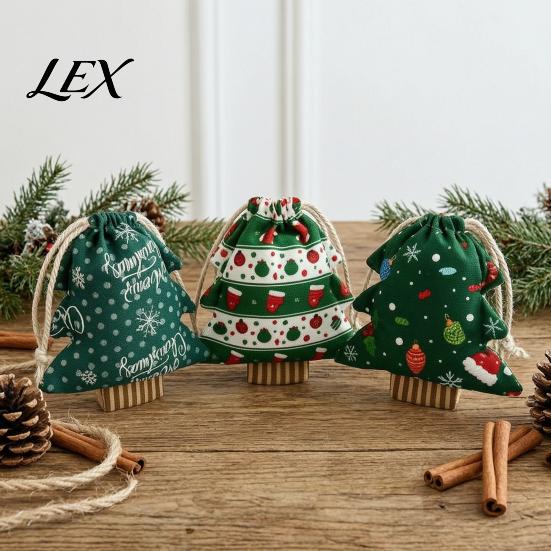 Christmas Party Favors Tree Shaped Gift Bags with Drawstring, Reusable Holiday Fabric Bags, Lightweight Pouches Winter Goodie Storage for Present