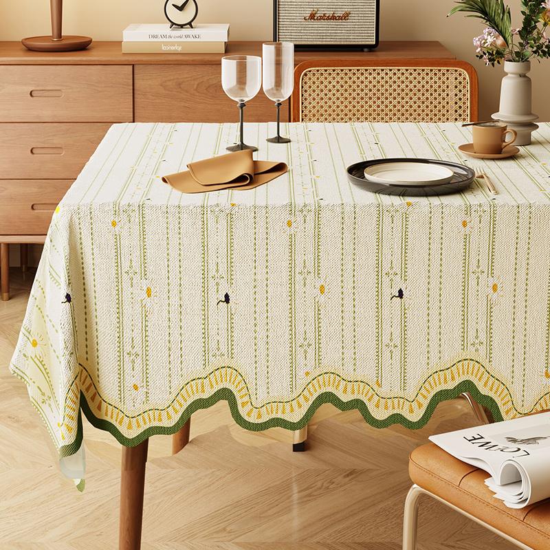 Floral Tablecloth Linen-Like Fabric Double-Sided Waterproof Heat Resistant Mat Fresh Green Irregular Tablecloth Wear-Resistant