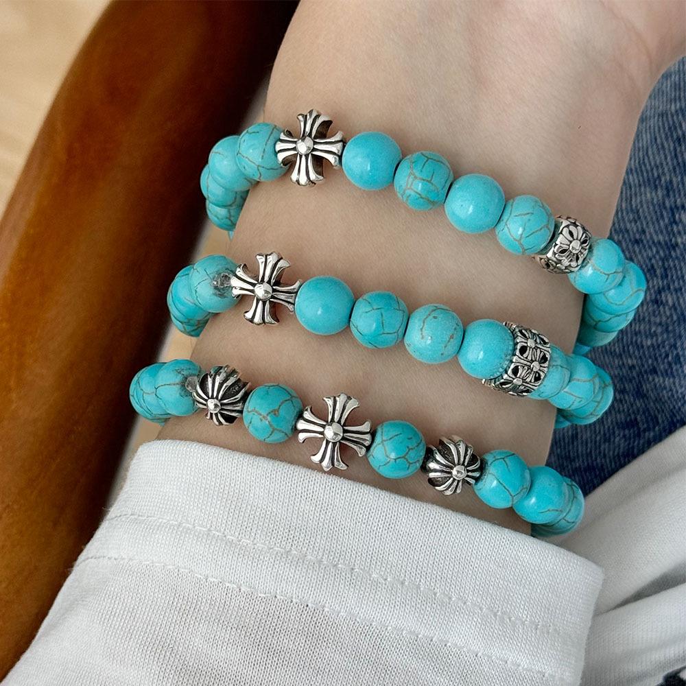 Retro Imitation Türkis Perlen Kreuz Armband Damen Nische High-End Gefühl Gestapelt Tragen Kalter Wind Vielseitig Temperament Schmuck