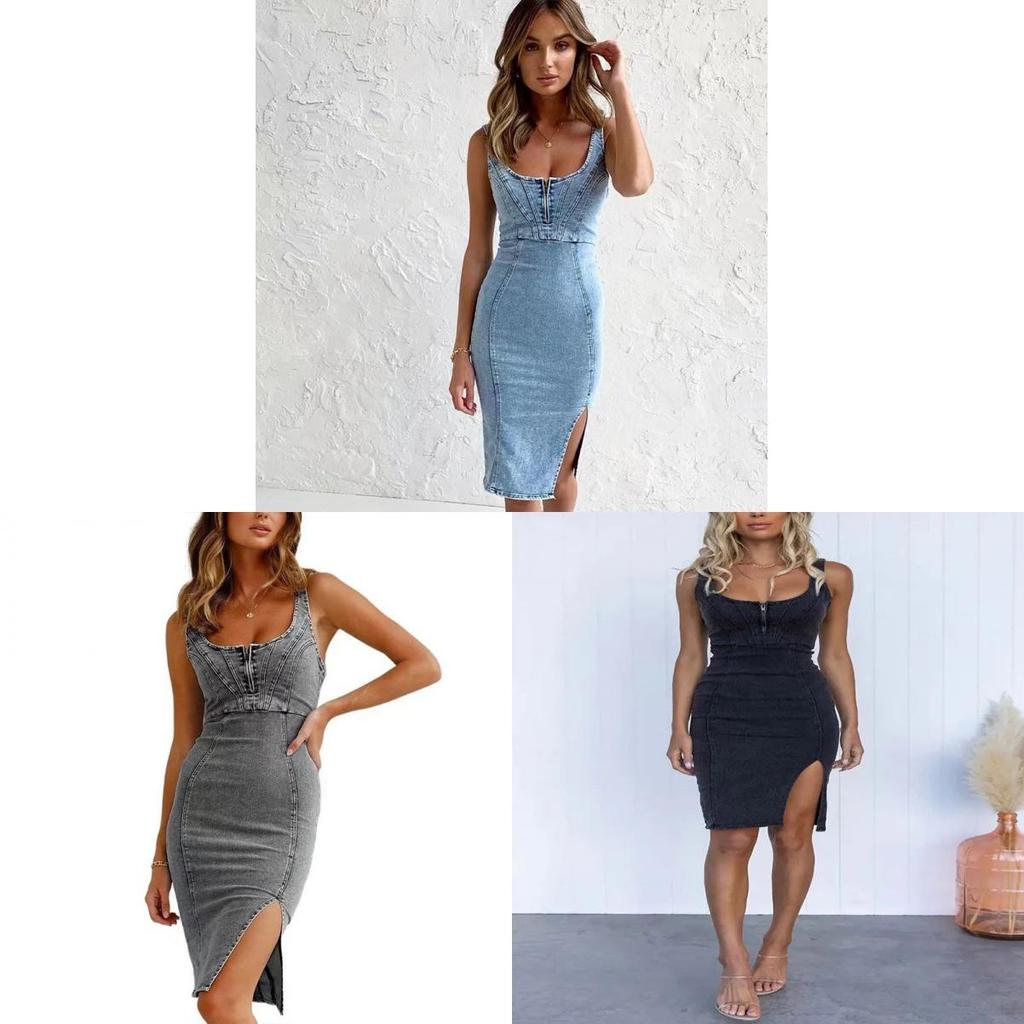 Vestido de Mezclilla con Encaje en V sin Mangas para Uso Casual de Verano