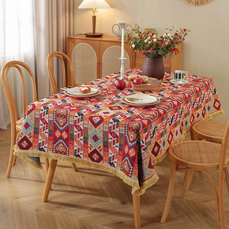 Polyester Cotton Color Woven Jacquard Flower Geometric Gold Fringed Tablecloth Rectangular Coffee Table Tablecloth Dining Table Cloth
