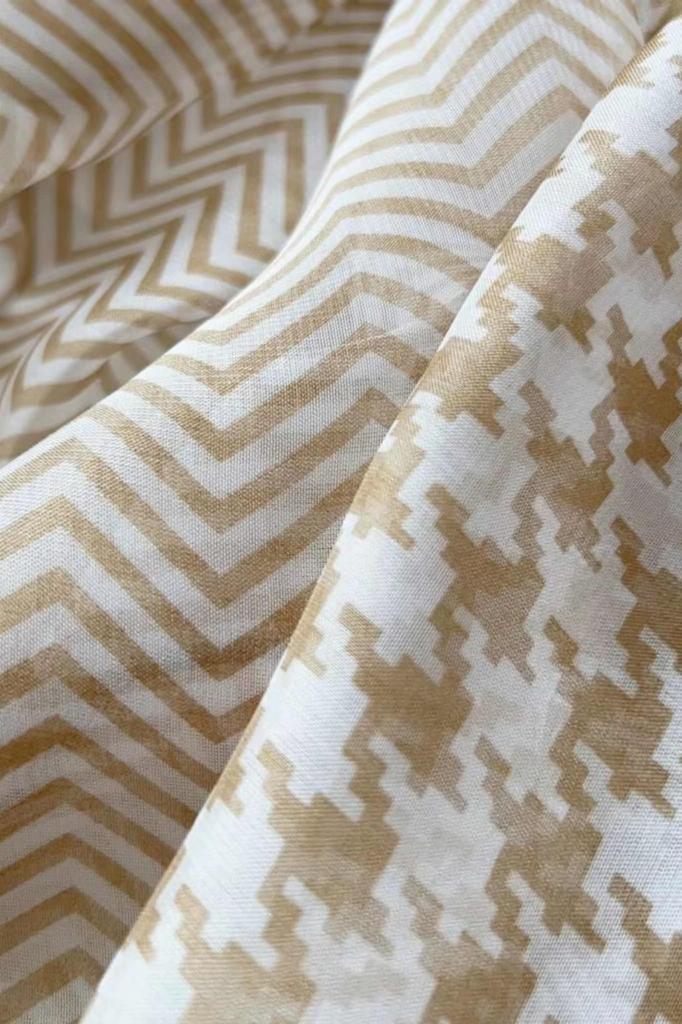 Beige Scarf with Herringbone and Houndstooth Pattern - Silky to the Touch