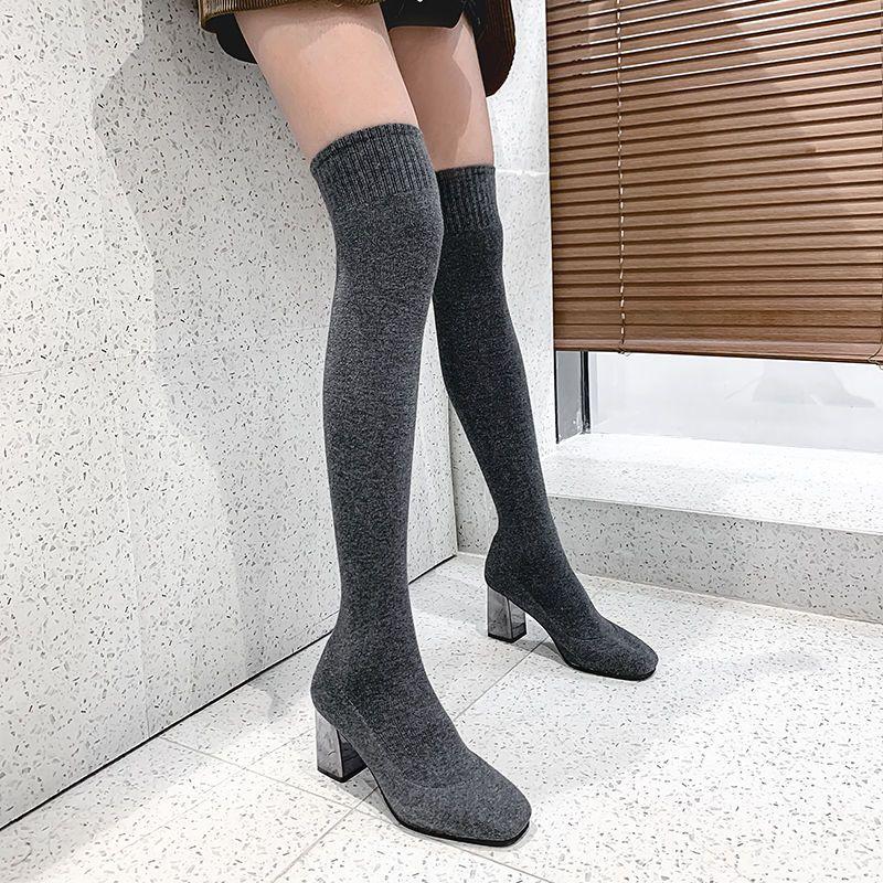 Fashion Square Toe Elastic Elegant Heeled Knitted Sock Above Over The Knee Shoes Woman Cosplay Trend 2025 Y2k Thigh High Boots for Women