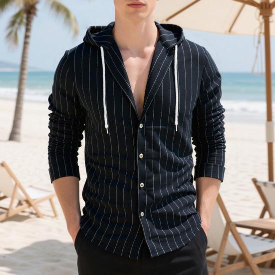 Men Stripe Hooded Shirt Linen Long Sleeve Button Down Shirt