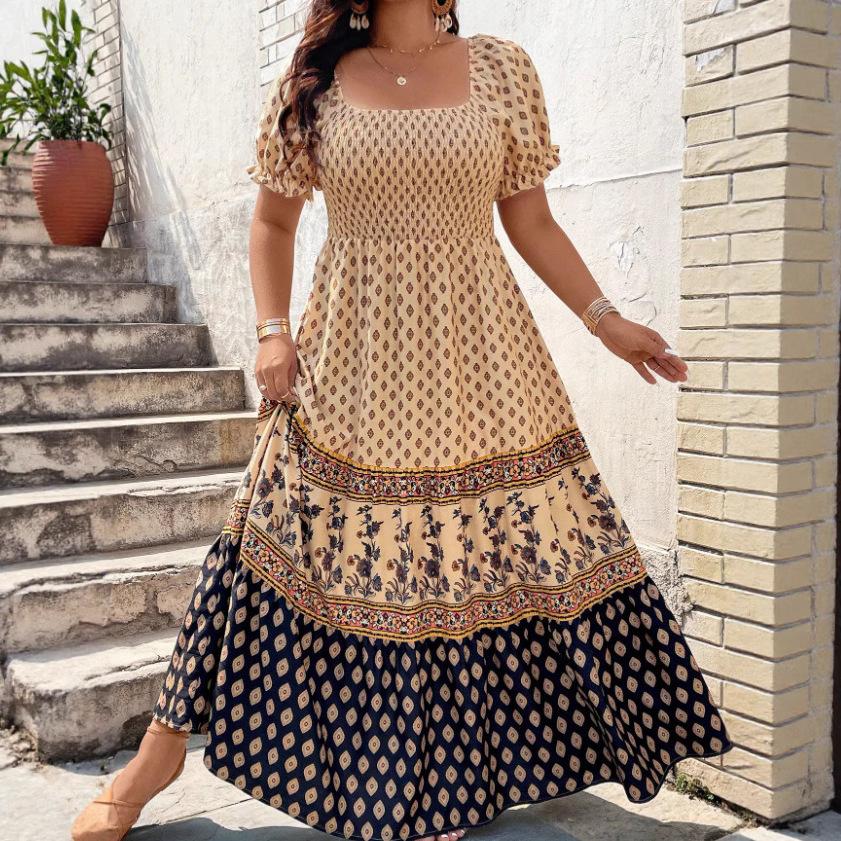 Beige and Navy Blue Floral Geometric Print Square Neck Puff Sleeve Maxi Dress