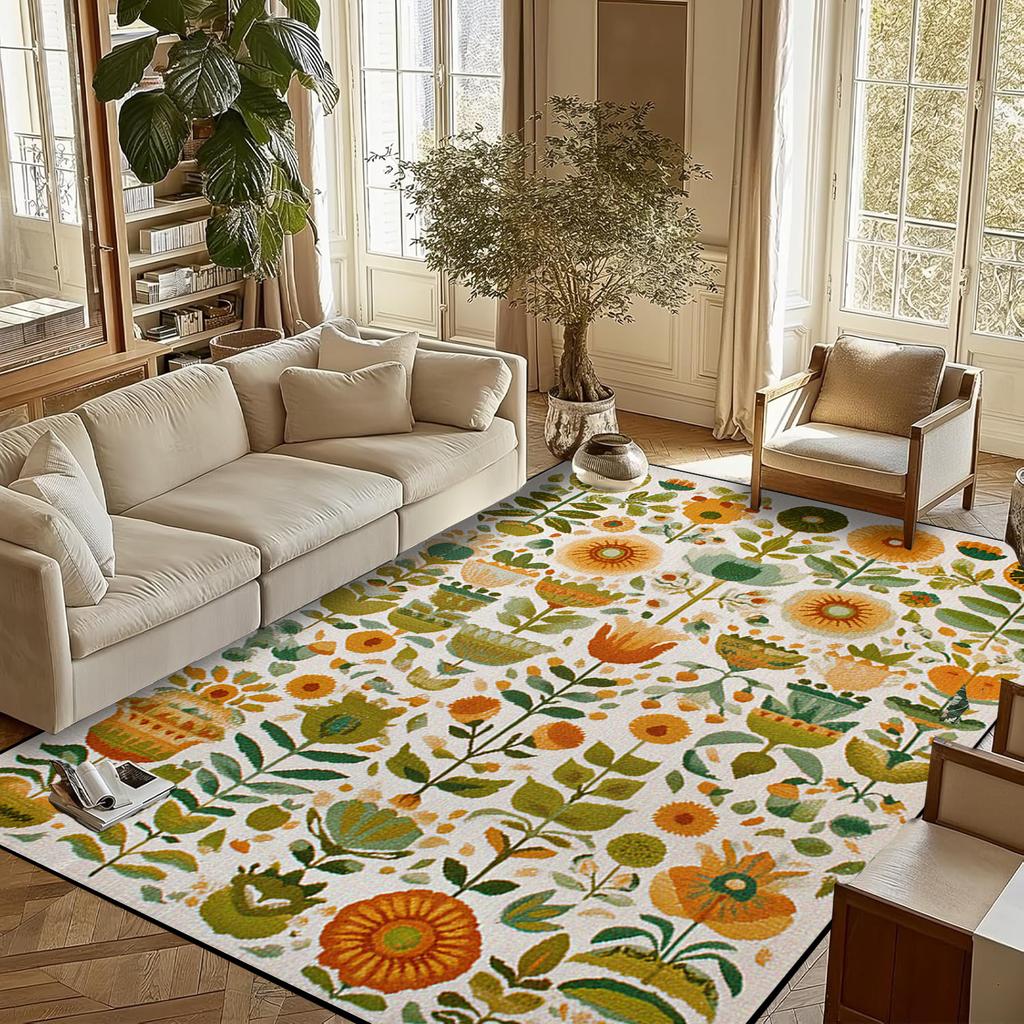 Retro Flower Living Room Carpet Non-slip Machine Washable Soft Floor Mat Nordic Style Plant Rugs Large Size Home Decoration Mats