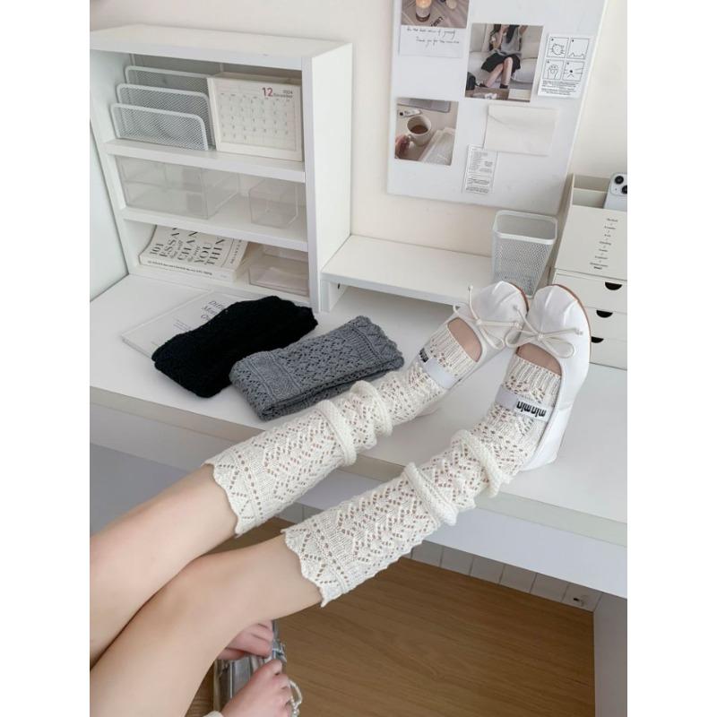 Thin, Hollowed-out Fishing Net Calf Socks for Slimming, Long Knitted Sock Sets, Mid-calf Socks, Sweet and Versatile White Socks