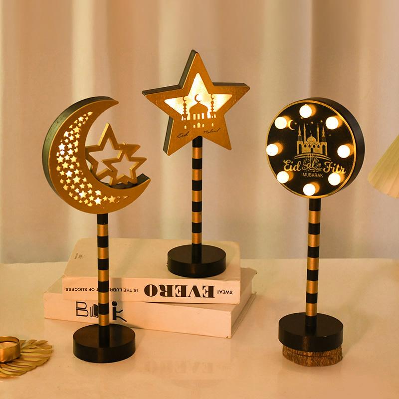 Eid Mubarak Mond Stern Lampe Holz Ornament 2025 Ramadan Kareem Heim Tisch Dekoration LED Licht Laterne Islamische Muslimische Party Geschenk
