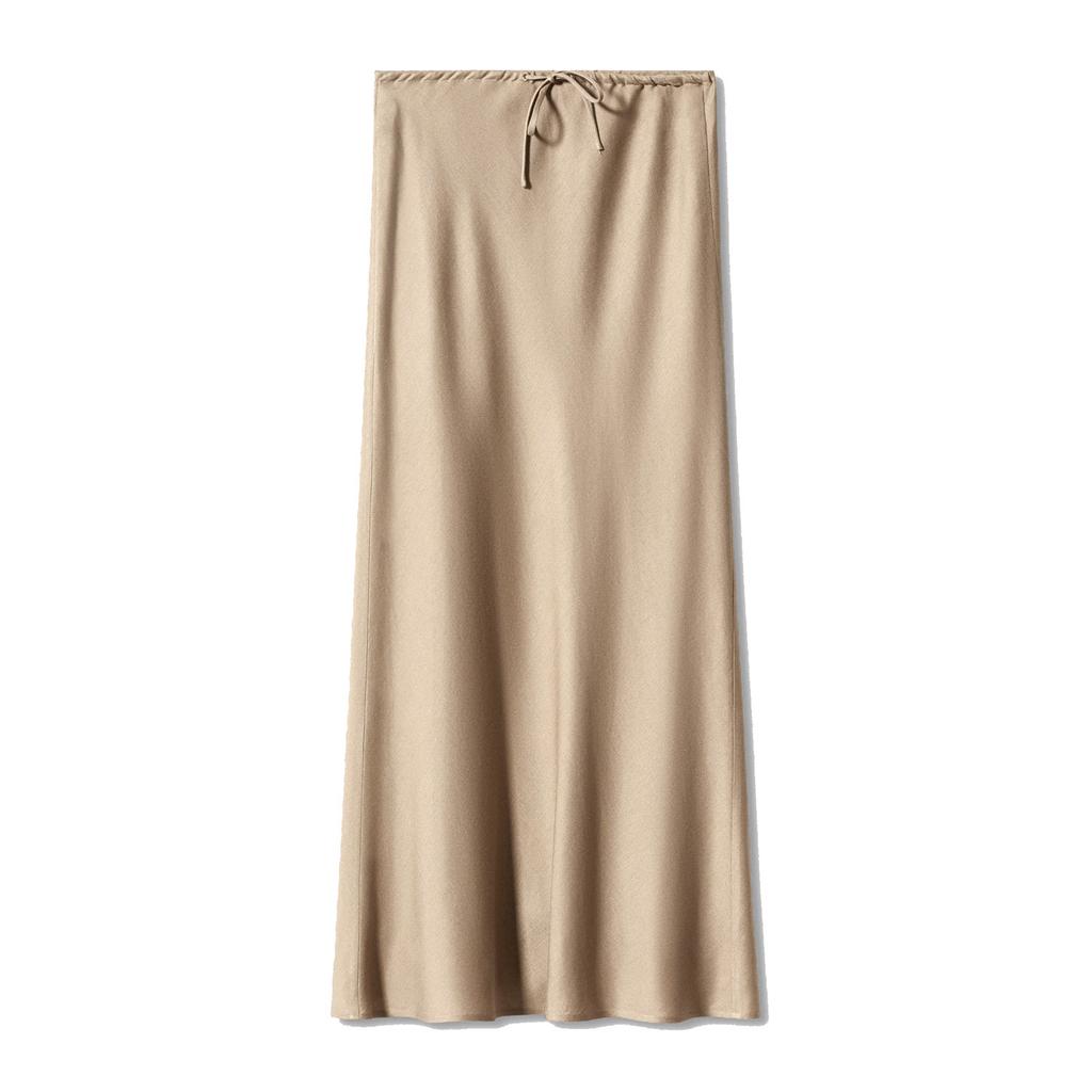 New In 2026 Spring Summer Solid Color Satin Long Skirt For Women High Waist Lace-Up Fashion Elegant Faldas