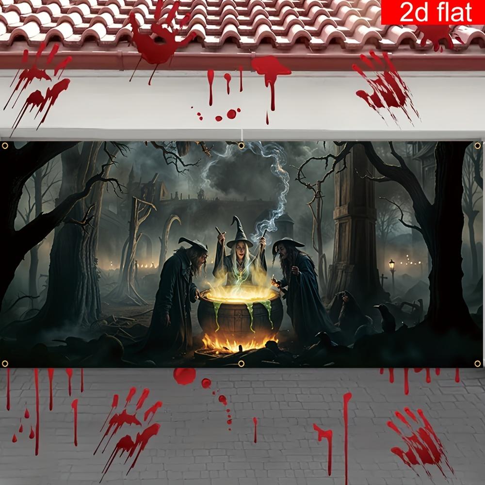 Horror Halloween Garage Door Banner, Large Polyester Hanging Outdoor Decoration, Ghost Forest Witch Stove Pattern