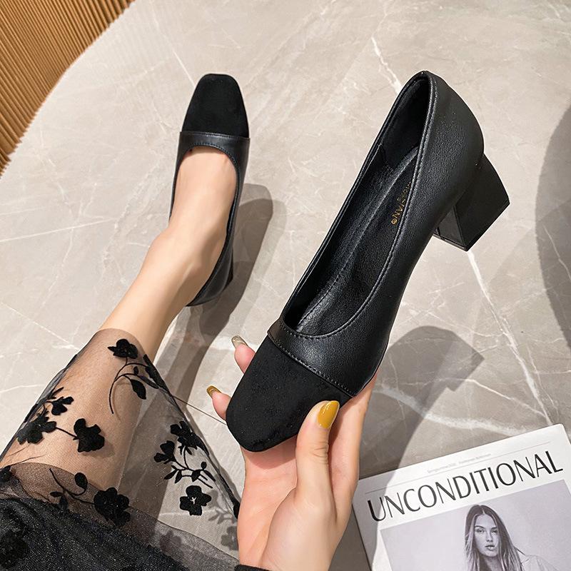 Fashion Square Toe Mixed color high heels shoes woman  designer soft leather pumps thick heel OL tacones female chunky work shoes
