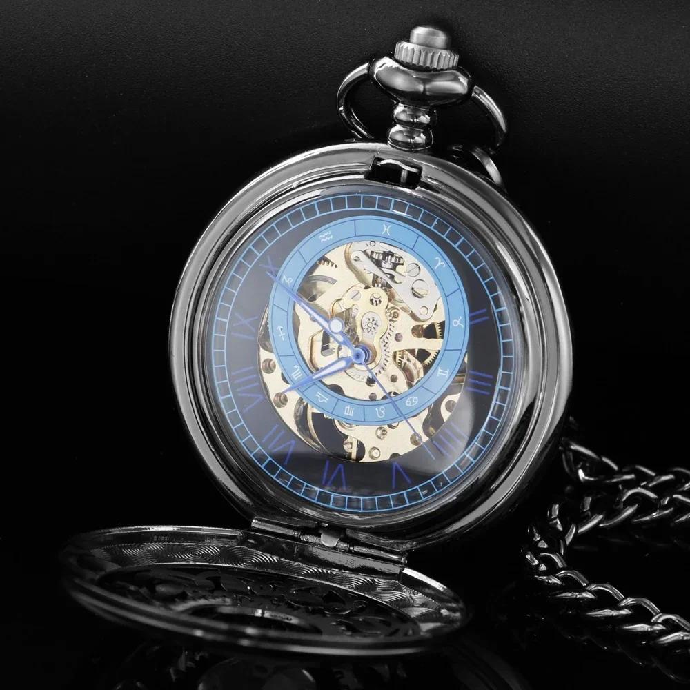 Black Vintage Skeleton Engraved Mechanical Pocket Watch with Chain Fashion Men Women Hand Winding Blue Roman Numerals Clock