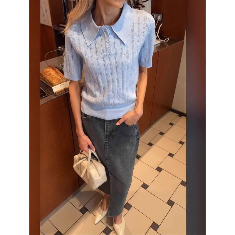 Elsa European and American Women Clothes 2025 Summer New Russian Hollow Lapel Short Sleeve Knit Niche Half Sleeve Top