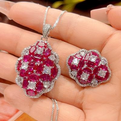 Popular Jewelry Copper Bottom Gold-Plated Simulation Red Corundum Micro-Inlaid Light Luxury Jewelry Set Women