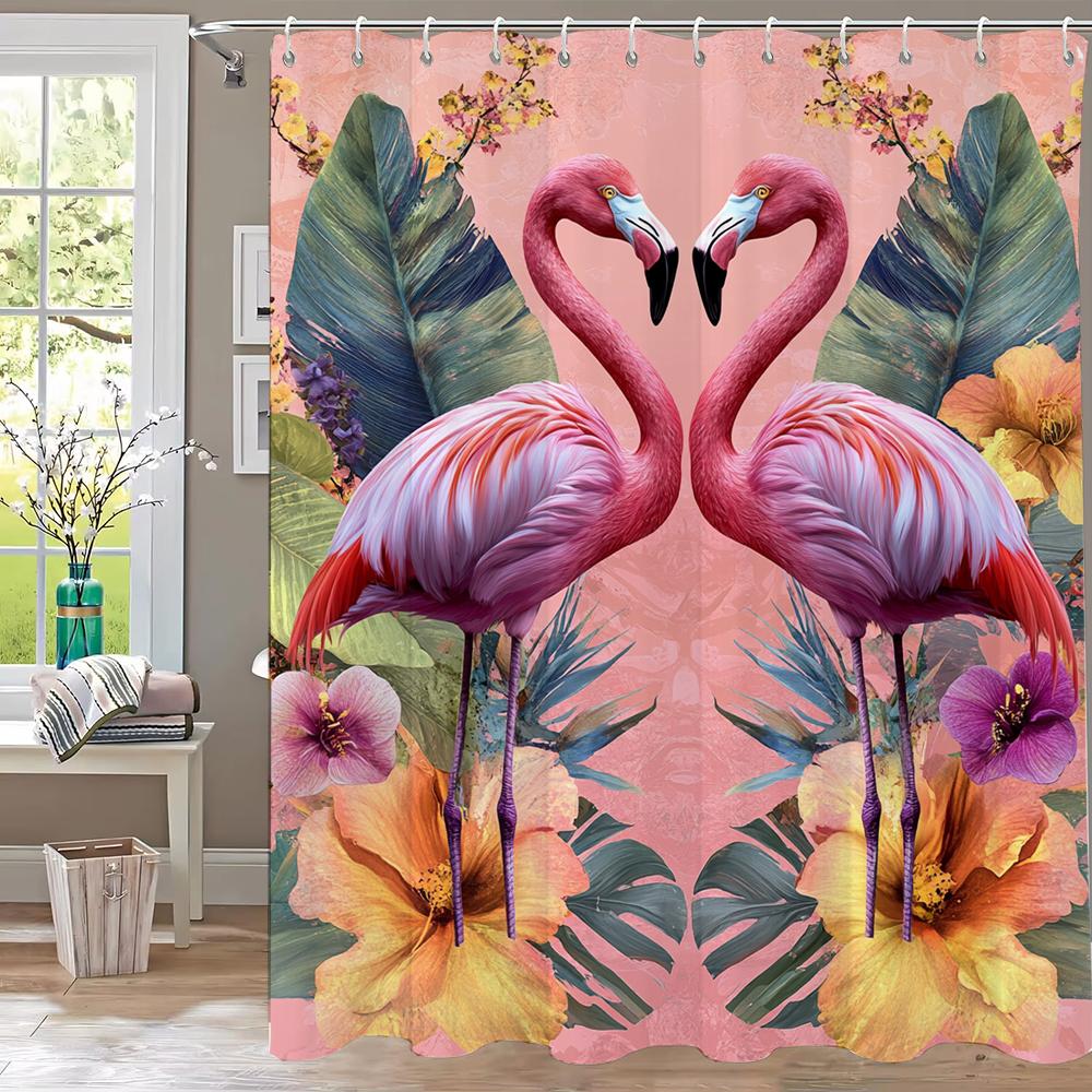 Flamingo Bathing In Pink Bathtub Shower Curtain, Floral Art Bathroom Decorative Curtain, Printed Polyester Curtain With Hooks