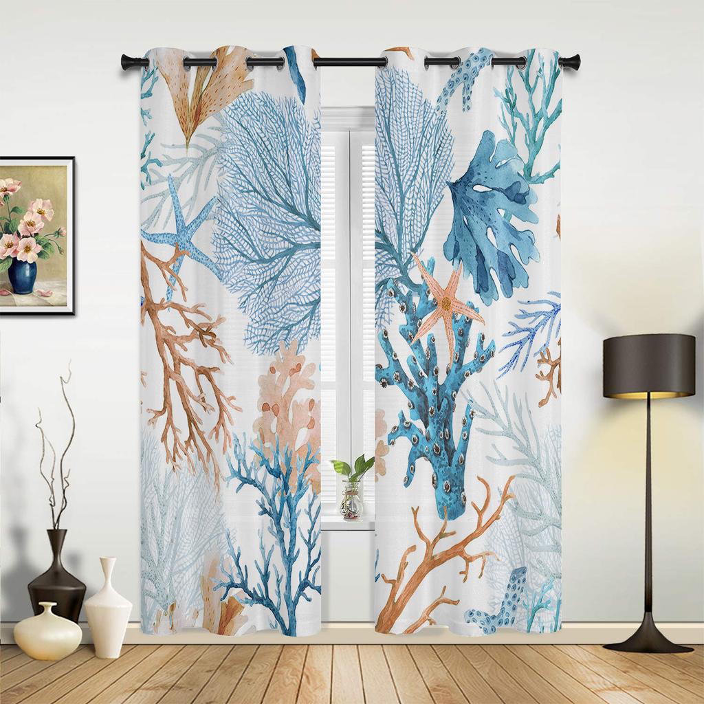 Fenstervorhang mit Motiv „Sommer, Strand, Meeresleben, Korallenrot“, für Wohnzimmer, luxuriöser Volantvorhang für Schlafzimmer, Zuhause, Küche, Dekorvorhang
