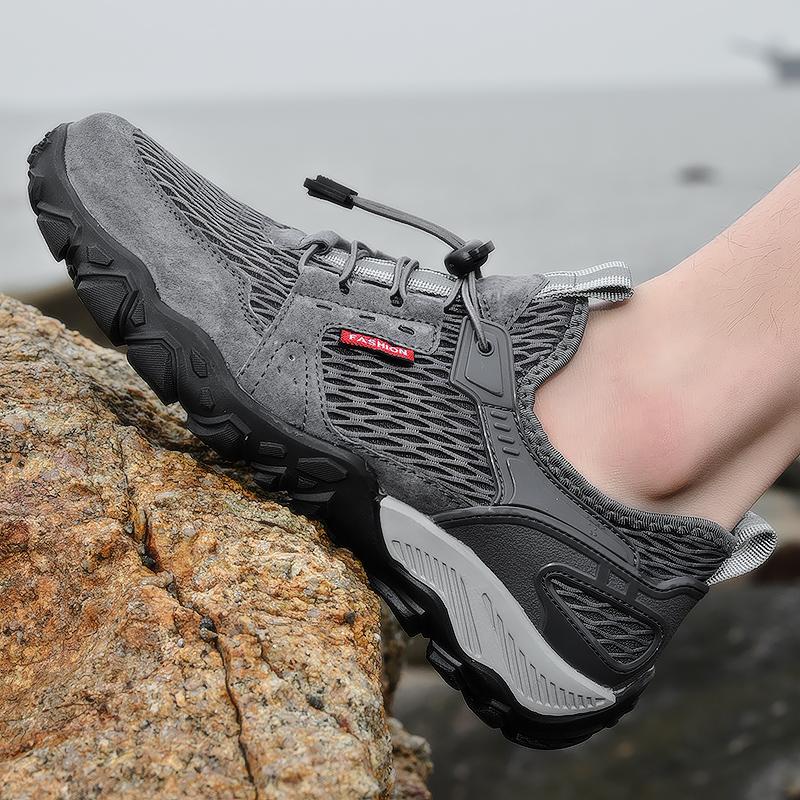 Men’s Outdoor Hiking Shoes Grey Driving Shoes Casual Slip on Summer Black Mesh Shoes Plus Size 45 46