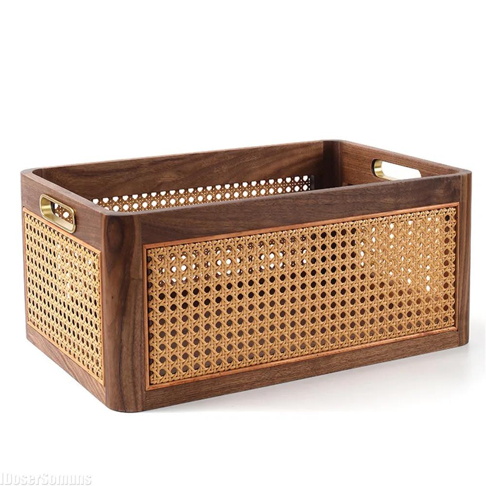 Organizer Luxury Kitchen Desktop Solid Wood Storage Box Retro Rattan Basket Book Snacks Cosmetics Home Appliance