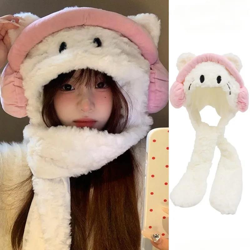 Căști coreene 3 în 1 capace femei pufoase de pluș calde urechi de pisică cu glugă eșarfă cu clapetă pălărie mănuși mănuși desene animate pisică cald iarna