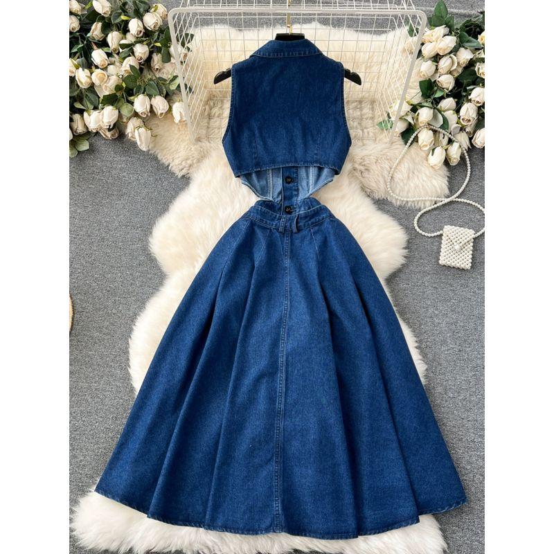 Chic Retro Breasted Cut Out over the Knee Denim Dress