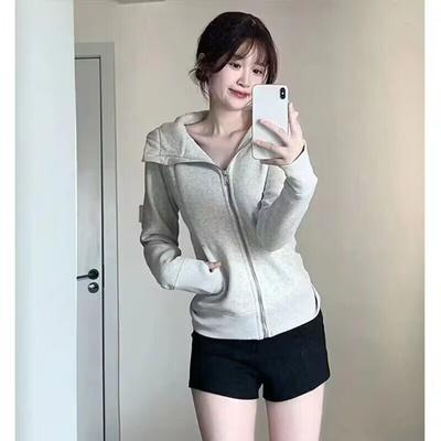 Vintage Cropped Hoodies Women Korean Style Streetwear Grey Zip Up Hooded Sweatshirt Casual Slim Hood Shirt