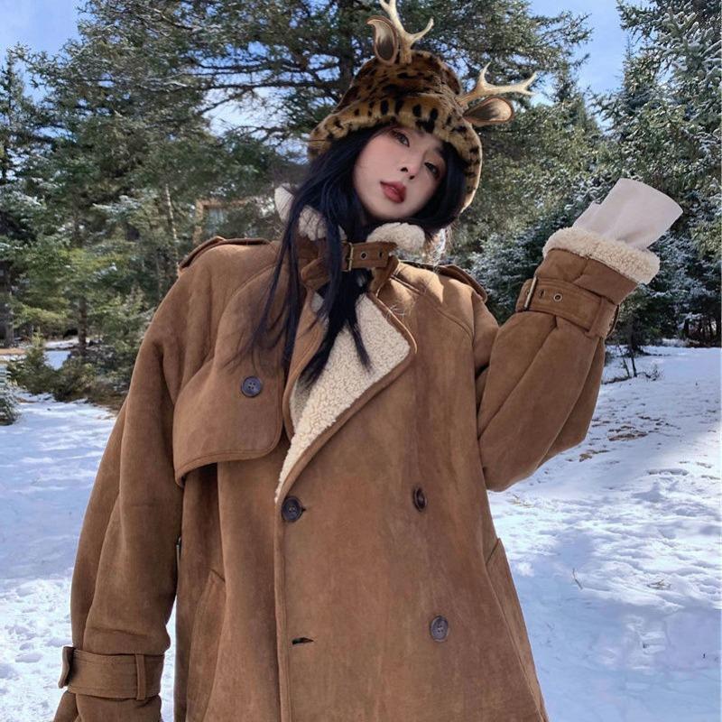 Fur Integrated Imitation Suede Lamb Wool Coat Women's New Winter Thickened Warm Knee Long Coat