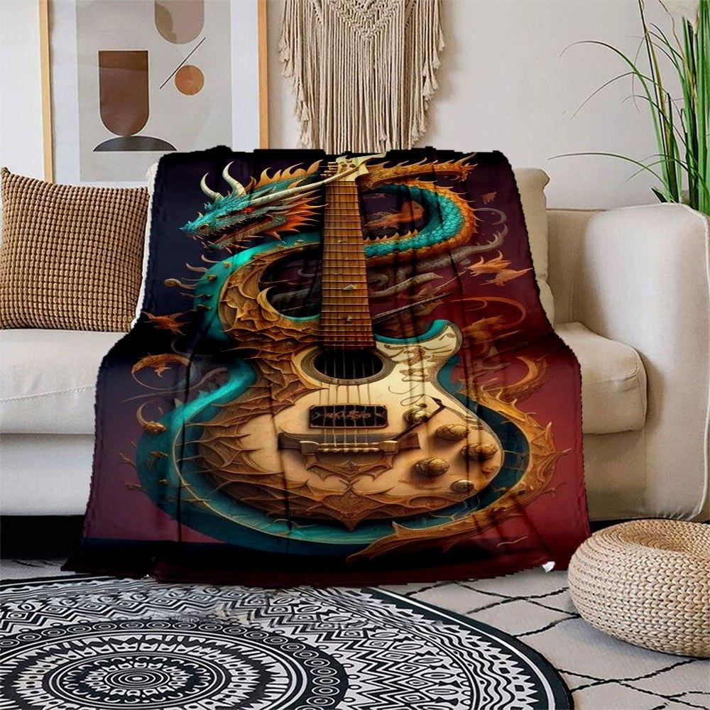 Dragon Guitar Art Print - Fantasy Music DecorBlanket Flannel Throw Blanket for Sofa, Bed, Travel, Camping, Office 100x150cm