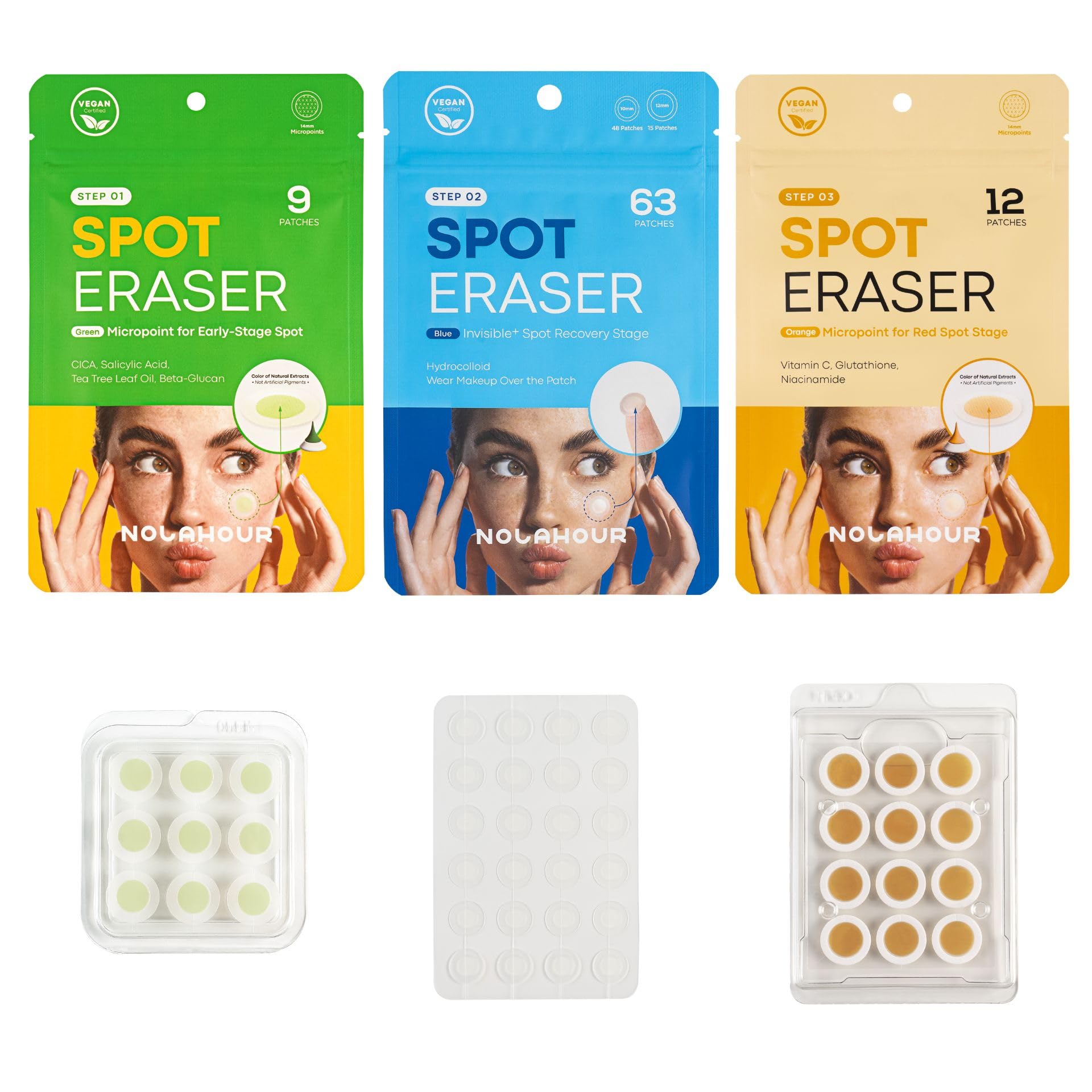 

NOLAHOUR Spot Eraser 84 Patches in 3 Cica Vitamin Total Made in Acne Total Coverage for Every Stage of Acne 3-Step (Green, Blue, Orange) Types,