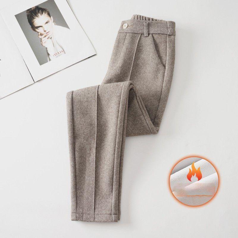 High Waist Wool Blend Pants Women Winter Thicken Plush Lined Harem Pantalones Office Casual Warm Ankle-length Woolen Spodnie