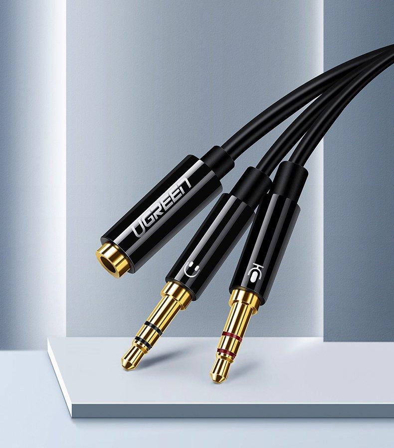 Ugreen Dual Male 3.5mm AUX Splitter Cable for Microphone & Headphones - Black (Model: AV140)
