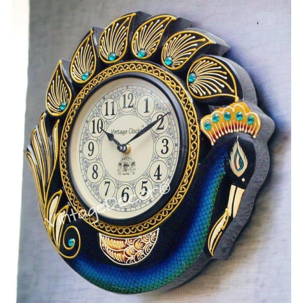 

Часы настенные аналоговые из дерева ручной работы Павлин , синий, гарантия один год, 34 см x 10,5 см x 34 см - Черный