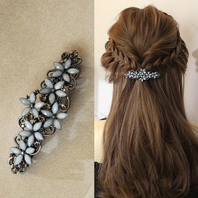 

Vintage Rhinestone Flower Spring Clip Stylish Back Head Ponytail Hairpin Elegant Headwear One Word Clip Hair Accessories