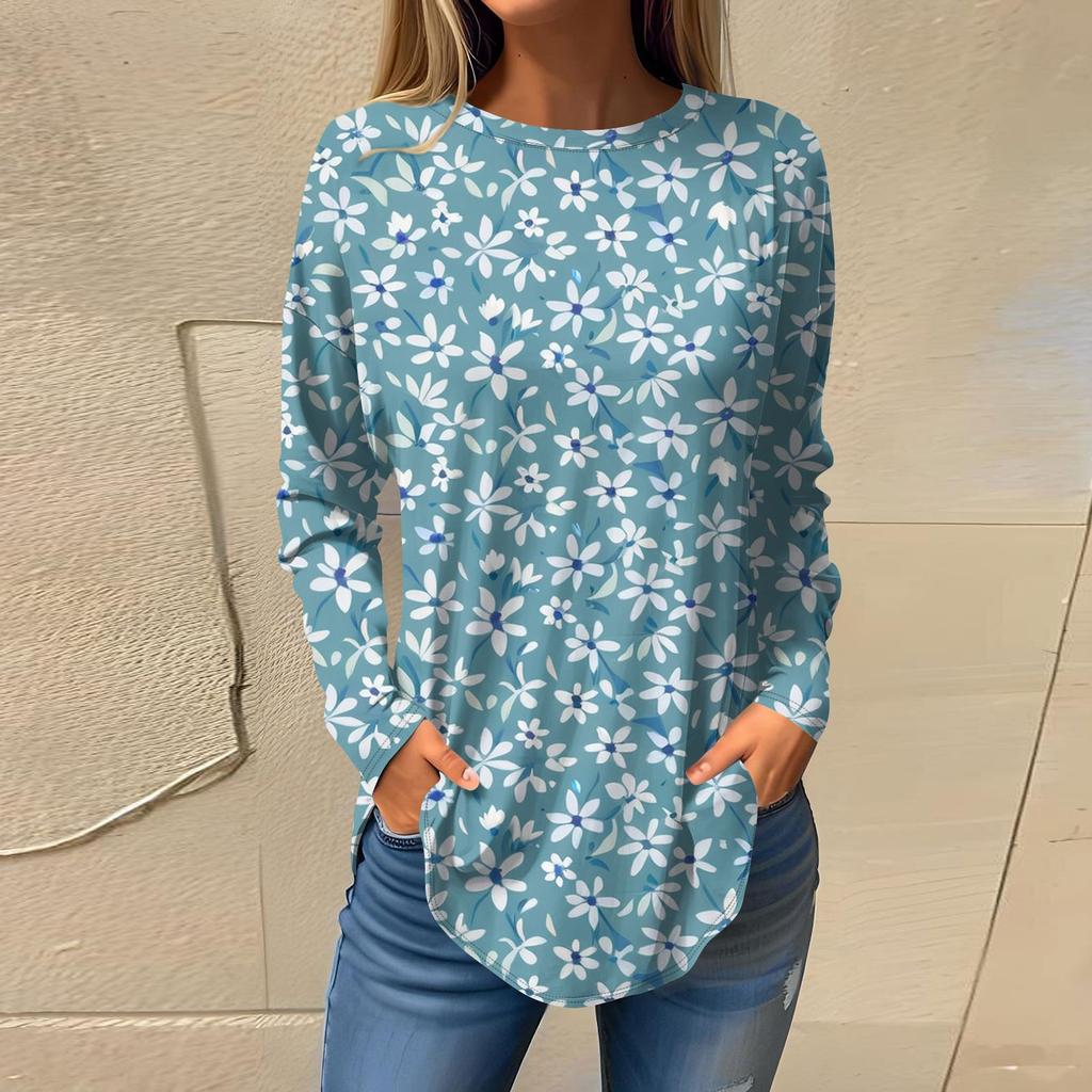 Women's Fashion Casual Round Neck Floral Long Sleeve T-shirt Pullover Long Sleeve Top