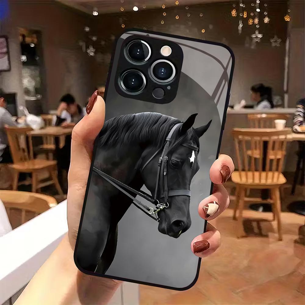 Fashion Dark Horse Pattern Tempered Glass Phone Case Suitable for iPhone 17 16 15 14 13 12 11 Pro Max Plus Shockproof Back Cover