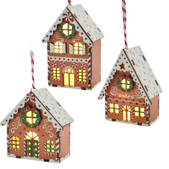 Christmas Gingerbread House Ornament Wooden Light Up Village House Christmas Tree Hanging Ornaments for Holiday Winter Home Party Tree Decor