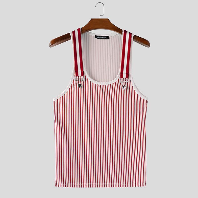 INCERUN Men Strap Sleeveless Striped Print Casual Fitted Tank Tops