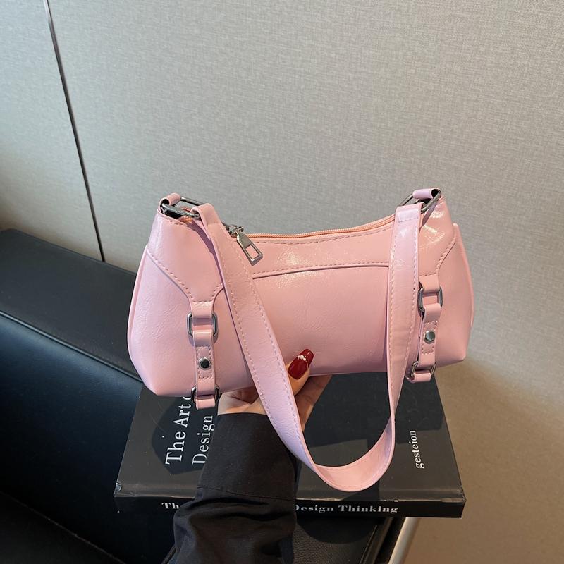 Casual Mini Shoulder Bag Glossy Finish Hardware Detail Lightweight PU Zipper Underarm Bag for Daily Commute & Shopping