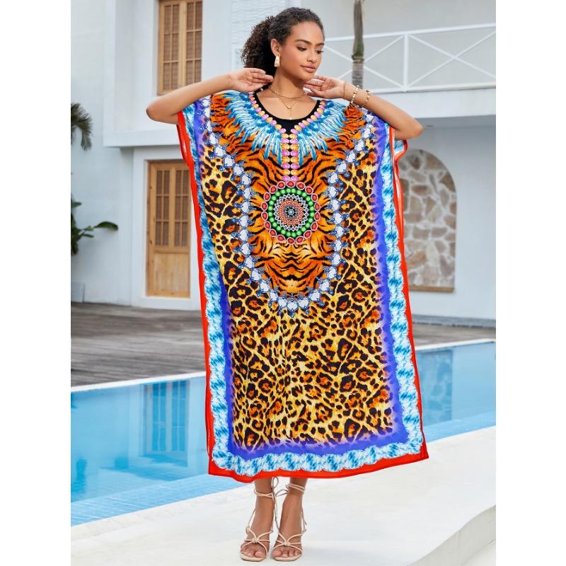 Plus Size Beach Print Dress for Women Bat Sleeve Bikini Suntan Cover Up