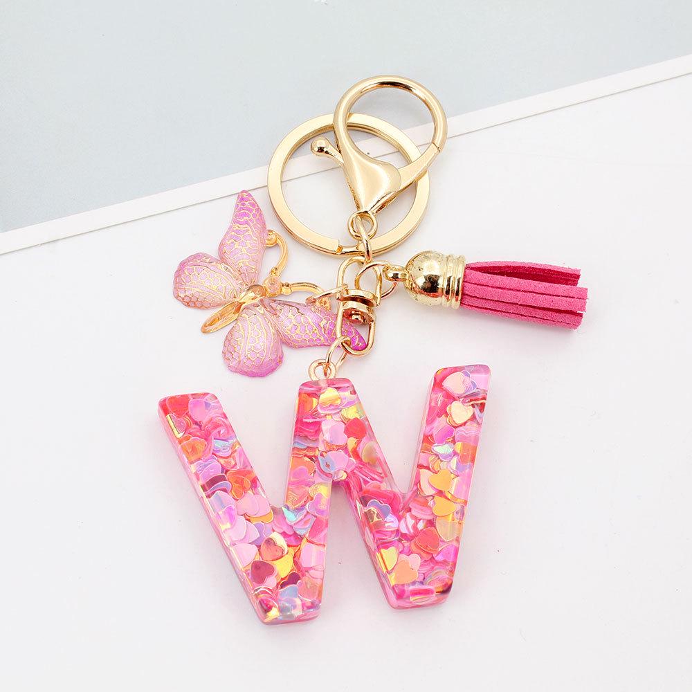 Pink Butterfly Tassel & Resin Sequin Letter Keychain - Backpack Charm for Women